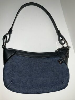 AK Anne Klein Denim Mini Handbag Small Purse Navy Shoulder Bag w/Black Trim